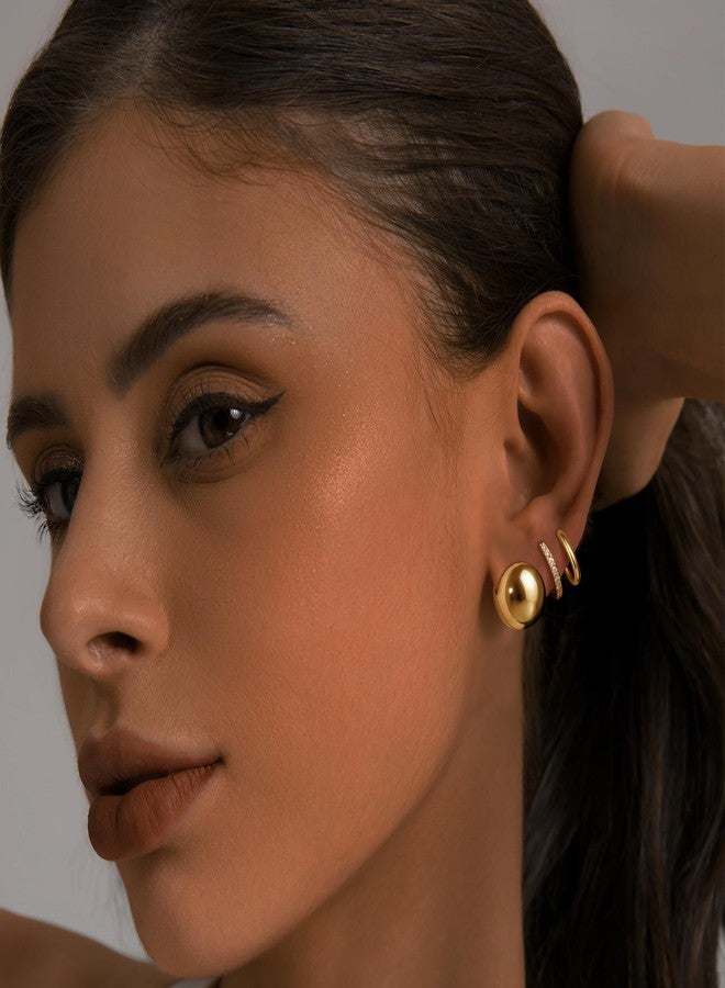 My Queen Gold Earrings for Women Trendy 14K Gold Small Hoop Earrings Ball Huggie Earrings Cubic Zirconia Hoop Earring for Multiple Piercing Hypoallergenic Jewelry Gifts 3Pairs Set - Image 2
